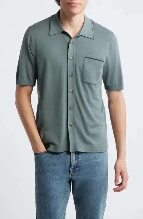 rag & bone rag & bone Conrad Silk & Cotton Dalton Knit Button-Up in Forest — Men Summer grey Tops