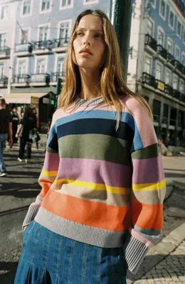 Boden Boden Lucy Relaxed Stripe Cotton Sweater in Green Multi — Women Spring coral Sweaters & Knits