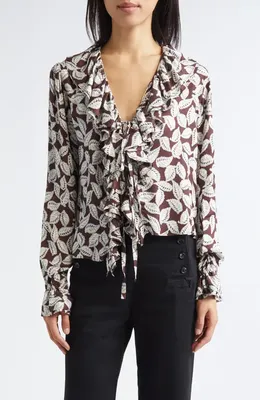 Bode Bode Paper Birch Print Tie Front Top in Brown White — Women Autumn ivory Tops
