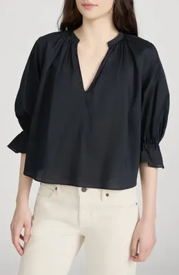 FRAME FRAME The Poet Ruffle Sleeve Cotton Top in Navy — Women Winter black Blouses