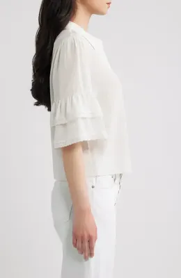 FRAME FRAME Lace Trim Ruffle Sleeve Silk Button-Up Top in Cream Multi — Women Winter white Blouses