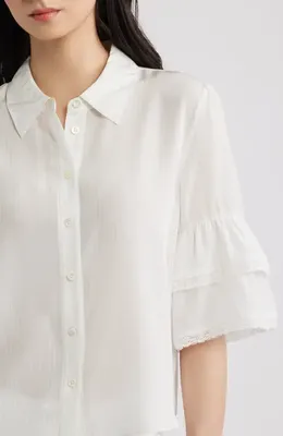 FRAME FRAME Lace Trim Ruffle Sleeve Silk Button-Up Top in Cream Multi — Women Winter white Blouses