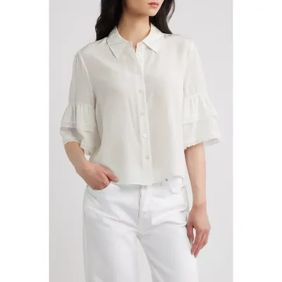 FRAME FRAME Lace Trim Ruffle Sleeve Silk Button-Up Top in Cream Multi — Women Winter white Blouses