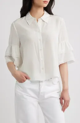 FRAME FRAME Lace Trim Ruffle Sleeve Silk Button-Up Top in Cream Multi — Women Winter white Blouses