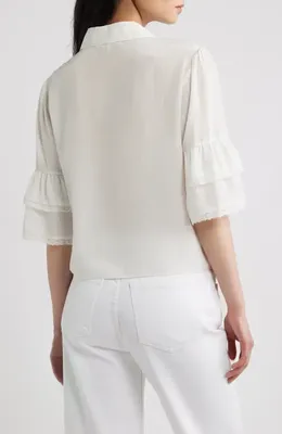 FRAME FRAME Lace Trim Ruffle Sleeve Silk Button-Up Top in Cream Multi — Women Winter white Blouses