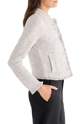 NIC+ZOE NIC+ZOE Fringe Mix Knit Bomber Jacket in Sugar Cookie — Women Spring ivory Outerwear
