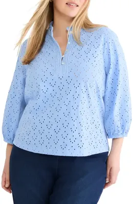 NIC+ZOE NIC+ZOE Ruffle Neck Eyelet Top in French Blue — Women Summer silver Tops