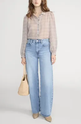 FRAME FRAME The Plaid Staple Silk Shirt in Walnut Multi — Women Spring pink Button-Down Shirts