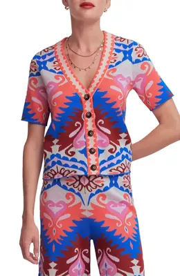 Boden Boden Short Sleeve Jacquard Cardigan in Aztec — Women Spring coral Tops