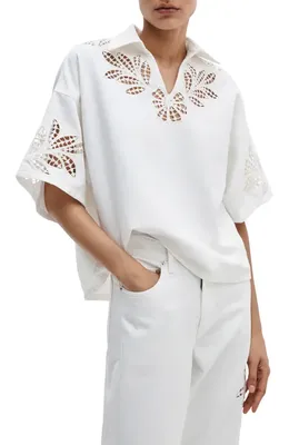 rag & bone rag & bone Lucy Eyelet Cotton Blend Popover Top in White Floral — Women Spring white Blouses