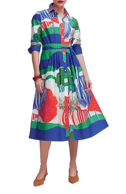 Boden Boden Alexa Long Sleeve Midi Shirtdress in Multi Scenic — Women Spring navy Dresses