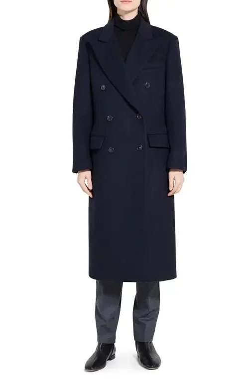 Theory Theory Peak Lapel Double Breasted Wool Blend Coat in Baltic — Women Winter navy Overcoats