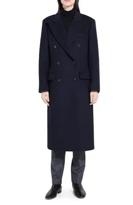 Theory Theory Peak Lapel Double Breasted Wool Blend Coat in Baltic — Women Winter navy Overcoats