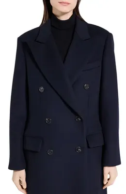 Theory Theory Peak Lapel Double Breasted Wool Blend Coat in Baltic — Women Winter navy Overcoats