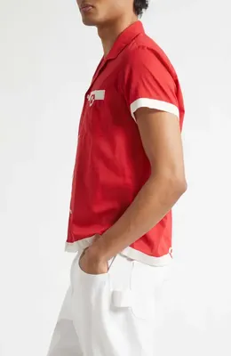 Bode Bode Heart Deco Cotton Voile Camp Shirt in Red White — Men Spring red Tops