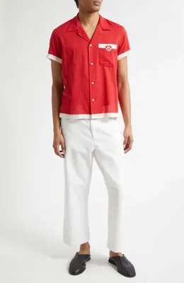 Bode Bode Heart Deco Cotton Voile Camp Shirt in Red White — Men Spring red Tops