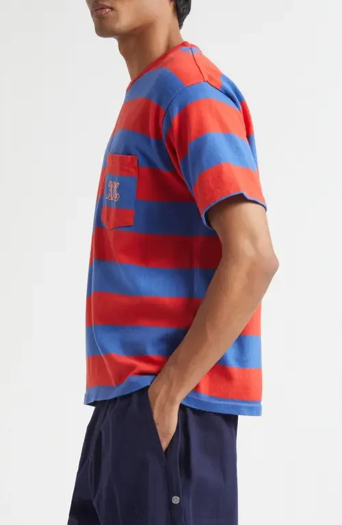 Bode Bode Clubhouse Logo Embroidered Stripe Pocket T-Shirt in Red Blue — Men Spring red Tops