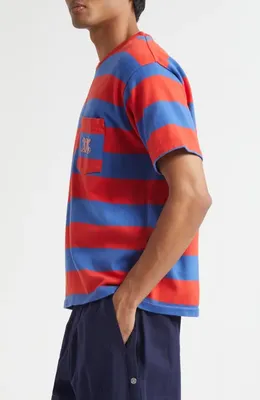 Bode Bode Clubhouse Logo Embroidered Stripe Pocket T-Shirt in Red Blue — Men Spring red Tops