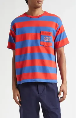 Bode Bode Clubhouse Logo Embroidered Stripe Pocket T-Shirt in Red Blue — Men Spring red Tops
