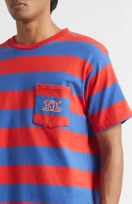 Bode Bode Clubhouse Logo Embroidered Stripe Pocket T-Shirt in Red Blue — Men Spring red Tops