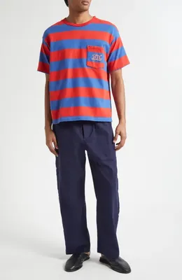 Bode Bode Clubhouse Logo Embroidered Stripe Pocket T-Shirt in Red Blue — Men Spring red Tops