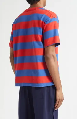 Bode Bode Clubhouse Logo Embroidered Stripe Pocket T-Shirt in Red Blue — Men Spring red Tops