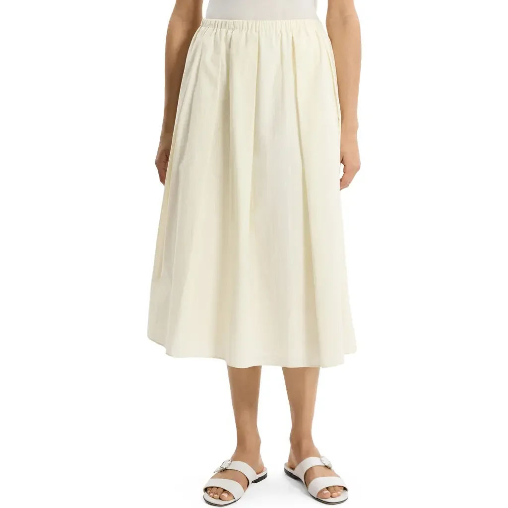 Theory Theory Pleated Organic Cotton Midi Skirt in Ivory — Women Spring white Midi Skirts