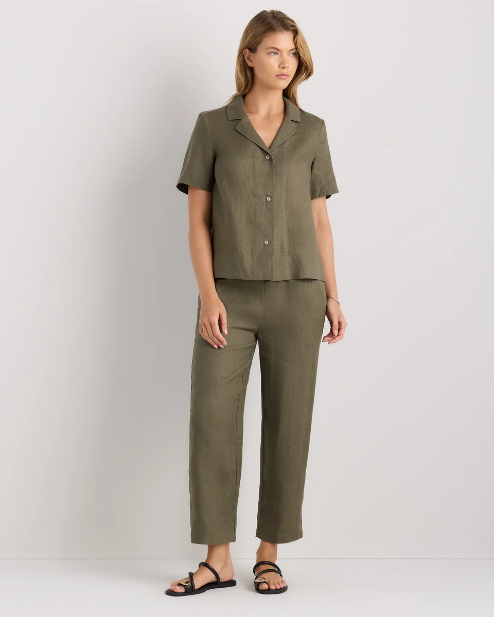 Quince Quince | Women's 100% European Linen Pants in Bayberry Olive — Women Autumn green Trousers & Chinos