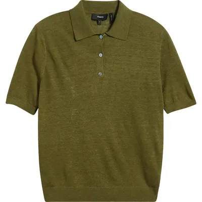 Theory Theory Semisheer Linen Blend Polo in Forest Moss — Women Autumn green Tops
