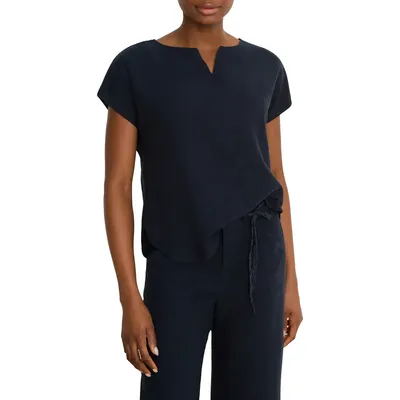 NIC+ZOE NIC+ZOE Rumba Linen Blend Split Neck Top in Dark Indigo — Women Winter Tops