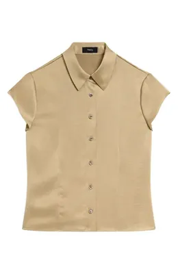 Theory Theory Cap Sleeve Satin Shirt in Mocha Taupe — Women Autumn beige Tops