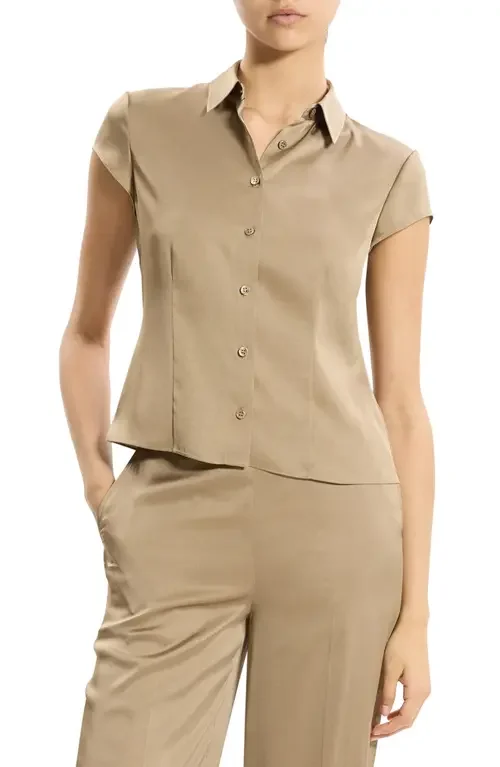 Theory Theory Cap Sleeve Satin Shirt in Mocha Taupe — Women Autumn beige Tops