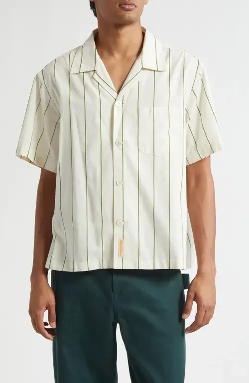 Bode Bode Celery Stripe Short Sleeve Cotton Button-Up Shirt in Green Cream — Men Autumn white Tops