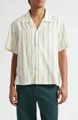 Bode Bode Celery Stripe Short Sleeve Cotton Button-Up Shirt in Green Cream — Men Autumn white Tops