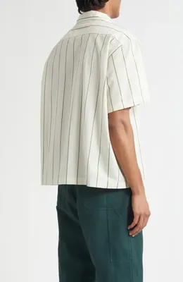Bode Bode Celery Stripe Short Sleeve Cotton Button-Up Shirt in Green Cream — Men Autumn white Tops