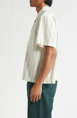 Bode Bode Celery Stripe Short Sleeve Cotton Button-Up Shirt in Green Cream — Men Autumn white Tops