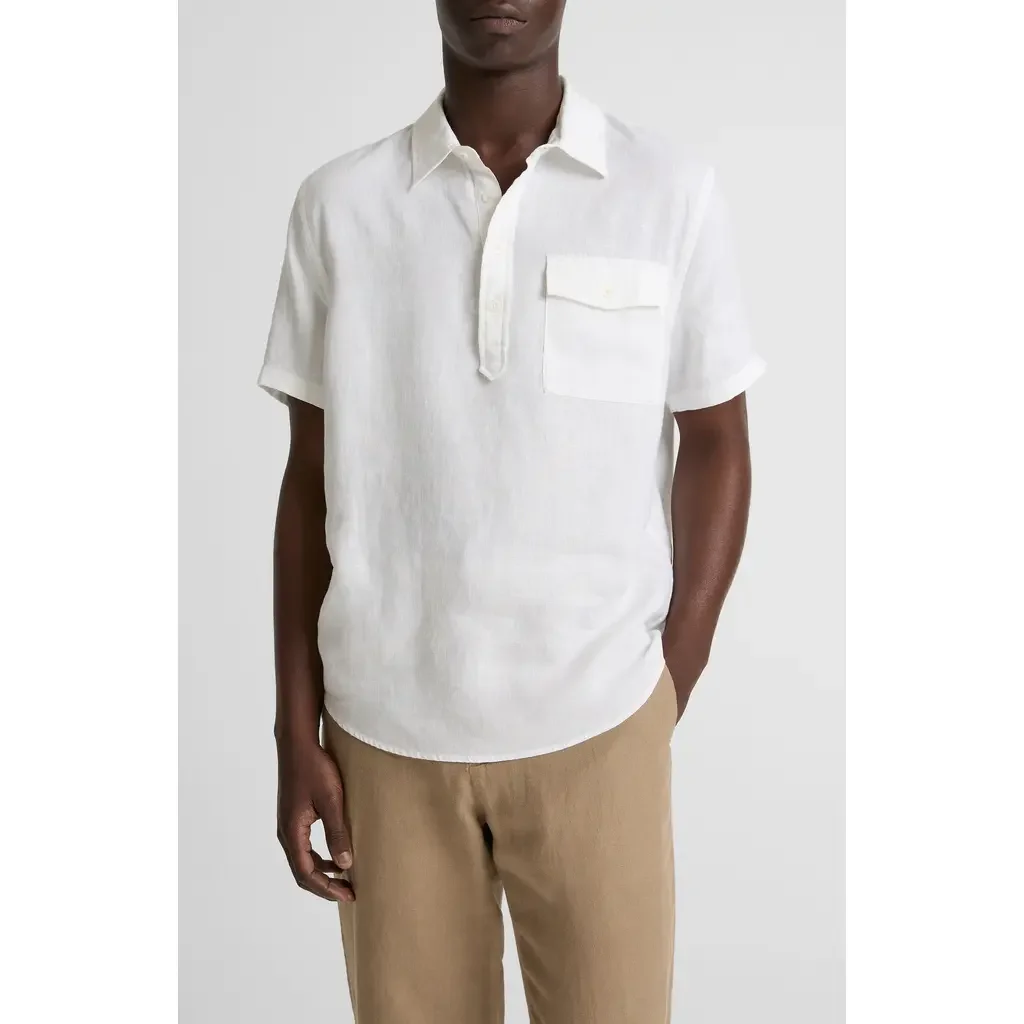Vince Vince Short Sleeve Linen Popover Shirt in Optic White — Men Winter white Tops