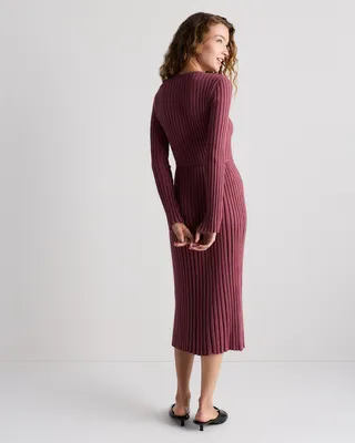Quince Quince | Women's Cotton Cashmere Ribbed Long Sleeve Crew Midi Dress in Crushed Berry Purple — Women Autumn chocolate Midi Dresses