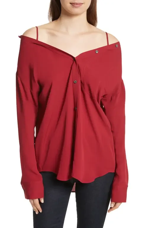 Theory Theory Tamalee Silk Shirt in Bright Raspberry — Women Autumn red Tops