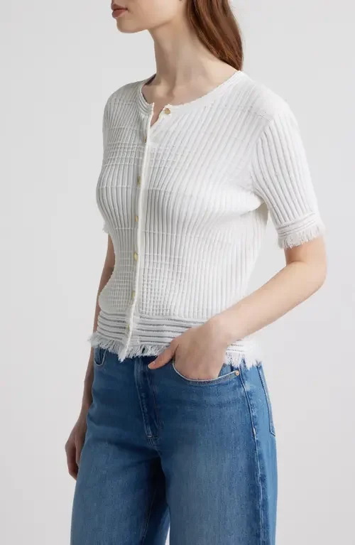 rag & bone rag & bone Ayan Fringe Trim Rib Cardigan in White — Women Winter white Sweaters & Knits