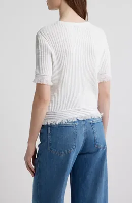 rag & bone rag & bone Ayan Fringe Trim Rib Cardigan in White — Women Winter white Sweaters & Knits
