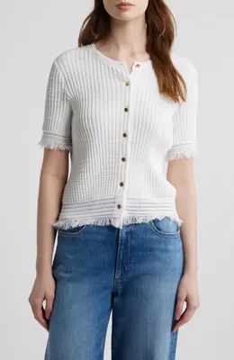 rag & bone rag & bone Ayan Fringe Trim Rib Cardigan in White — Women Winter white Sweaters & Knits