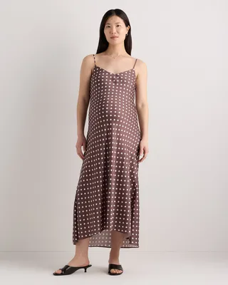 Quince Quince | Women's Washable Stretch Silk Maternity Slip Dress in Mocha Midi Dot — Women Autumn brown Midi Dresses