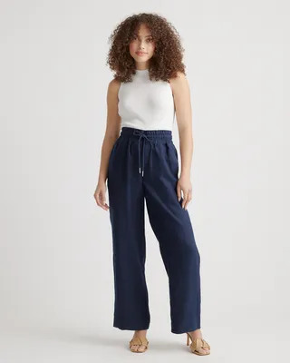 Quince Quince | Women's 100% European Linen Wide Leg Pants in Deep Navy — Women Winter navy Trousers & Chinos