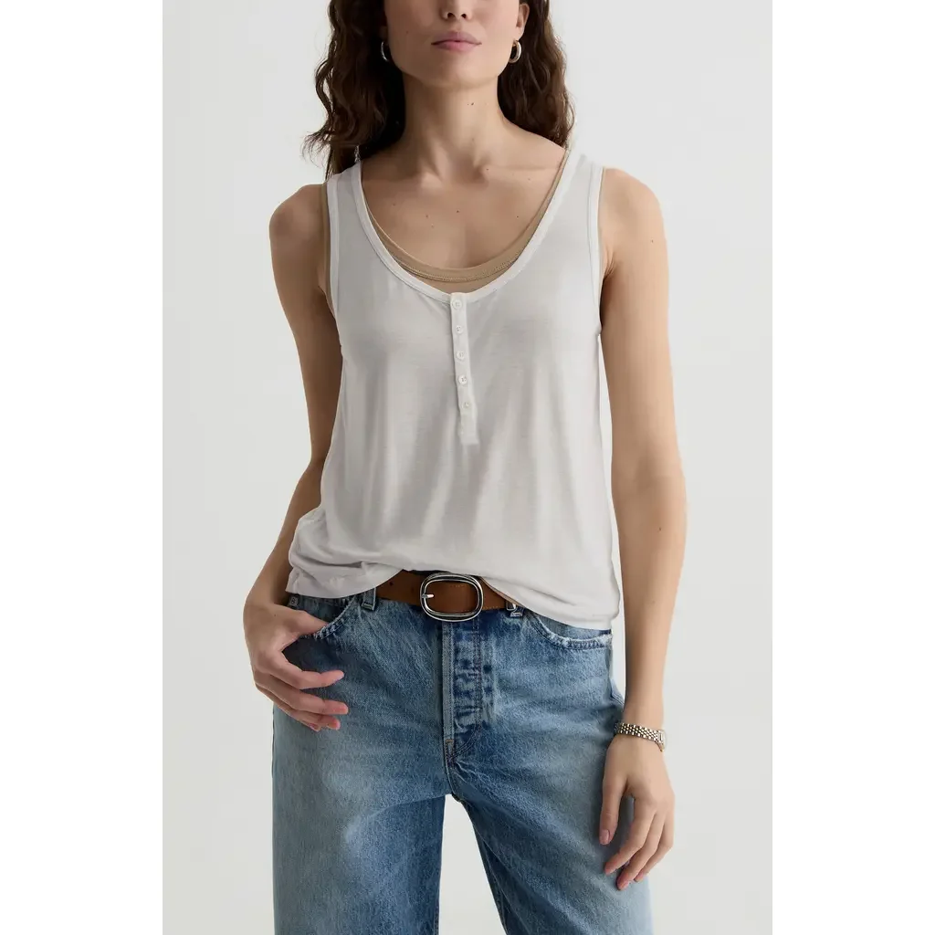 AG AG Alina Henley Tank in Powder/khaki Sand — Women Spring ivory Tops