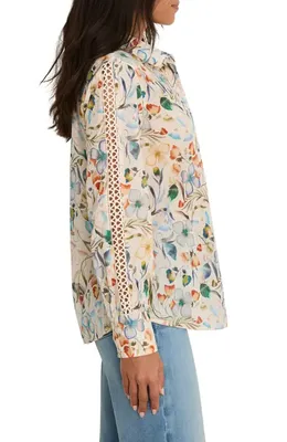 NIC+ZOE NIC+ZOE Pressed Flower Crochet Trim Cotton Button-Up Top in Neutral Multi — Women Spring white Tops