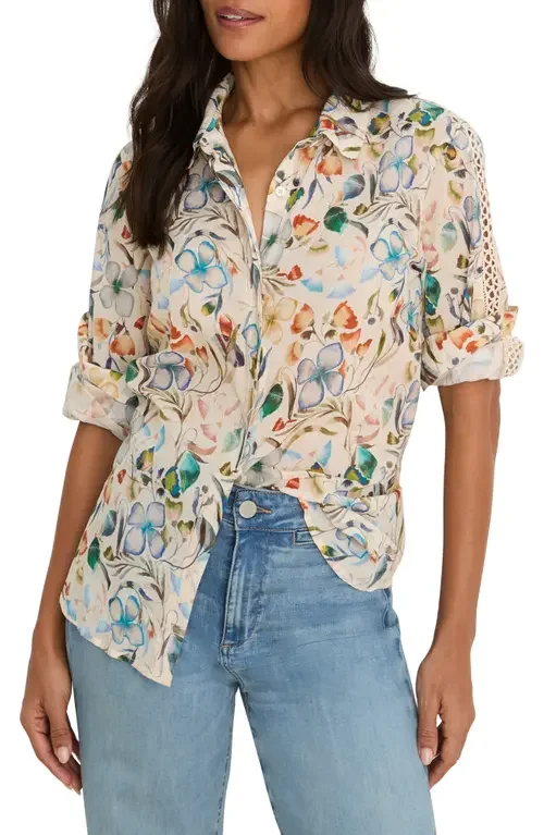 NIC+ZOE NIC+ZOE Pressed Flower Crochet Trim Cotton Button-Up Top in Neutral Multi — Women Spring white Tops