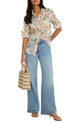 NIC+ZOE NIC+ZOE Pressed Flower Crochet Trim Cotton Button-Up Top in Neutral Multi — Women Spring white Tops