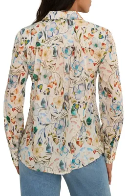 NIC+ZOE NIC+ZOE Pressed Flower Crochet Trim Cotton Button-Up Top in Neutral Multi — Women Spring white Tops