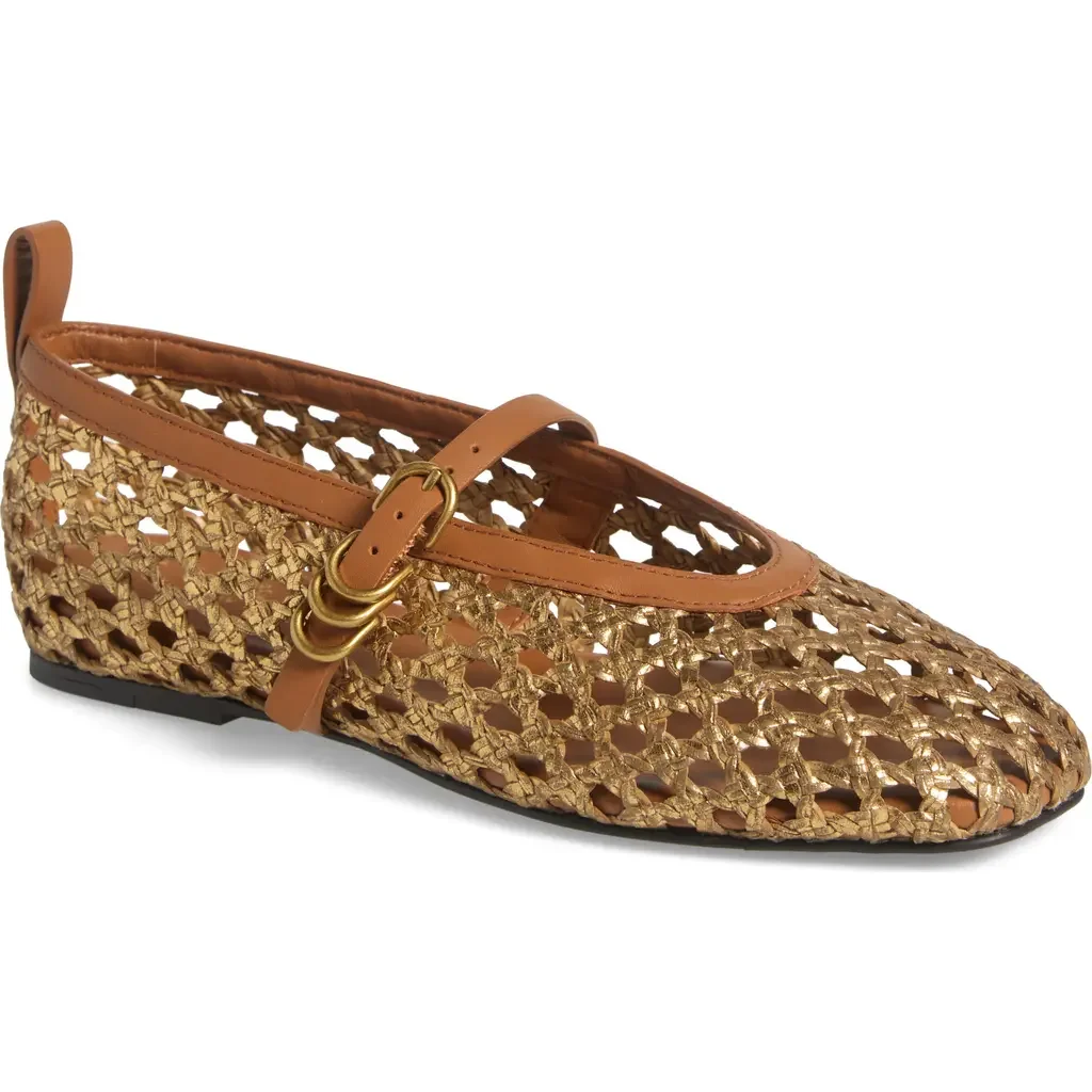 rag & bone rag & bone Spire Woven Mary Jane Flat in Gold Woven — Women Spring camel Shoes